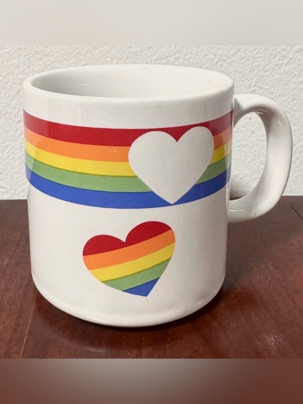 Vintage 80s/90s Russ Berrie Rainbow Hearts White Coffee Mug Retro Kidcore Pride